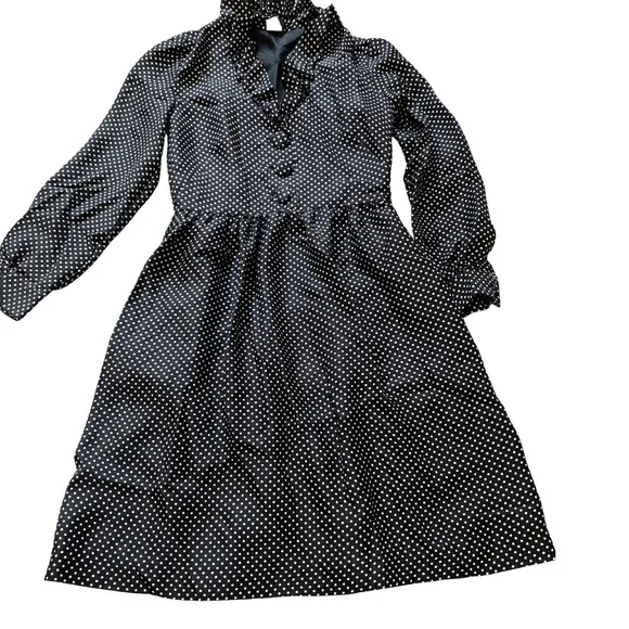 Vintage 1990's J. Crew Babydoll Black White Polka Dot Ruffle Long Sleeve Dress 0 - Picture 4 of 14